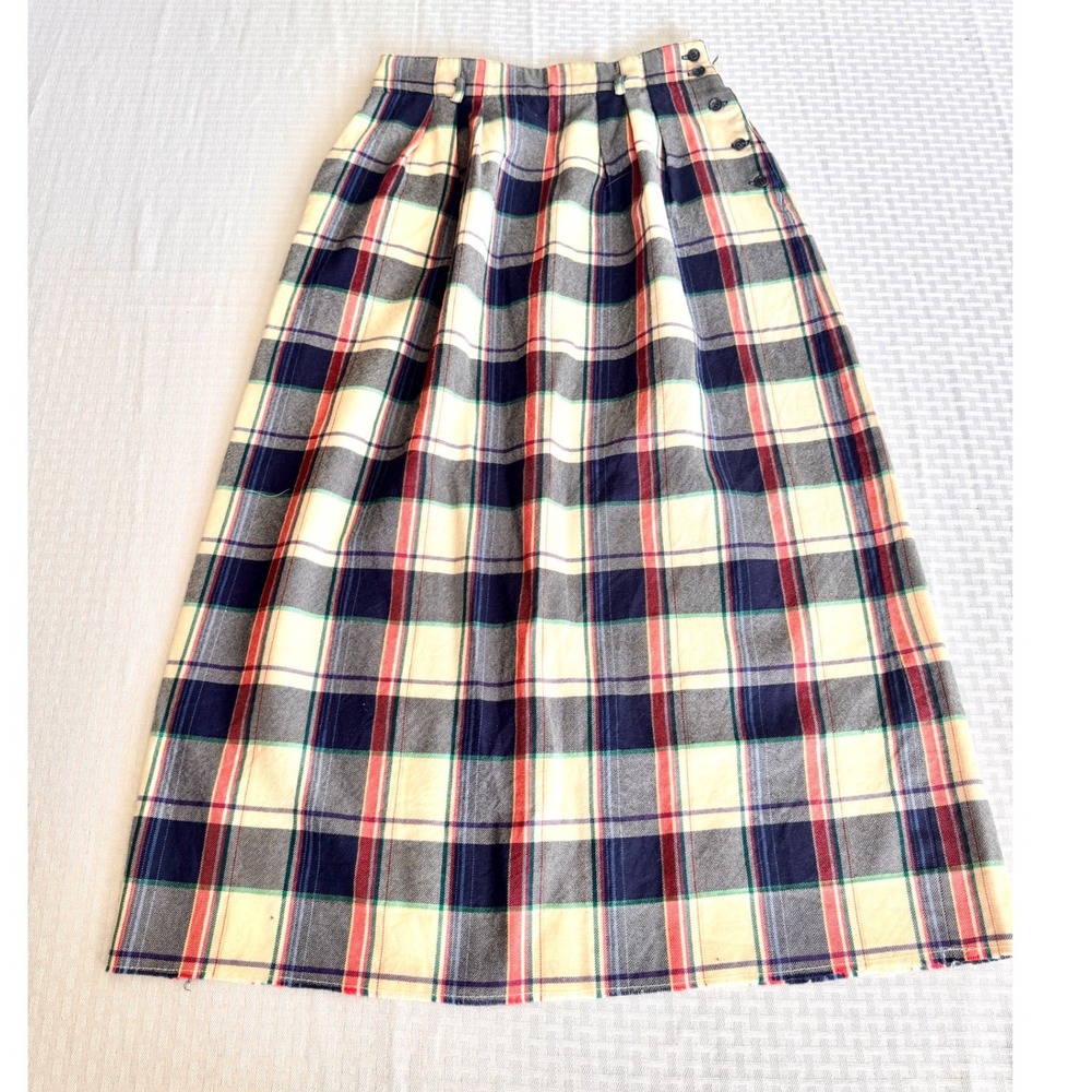J.G. Hook Vintage 100% Wool Plaid Midi Skirt Navy Red Size 10 Dark Academia